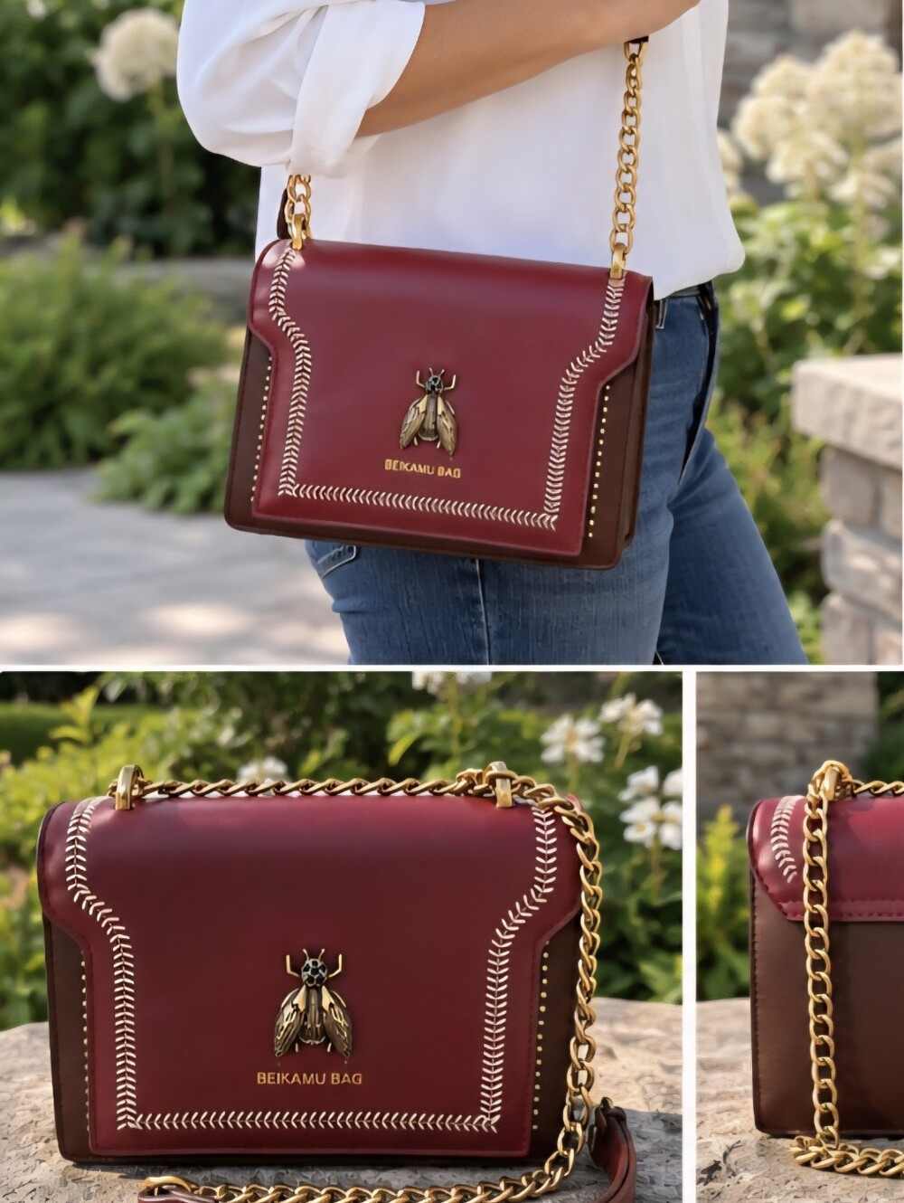 BEIKAMU Bag Burgundy Leather Chain Shoulder Bag